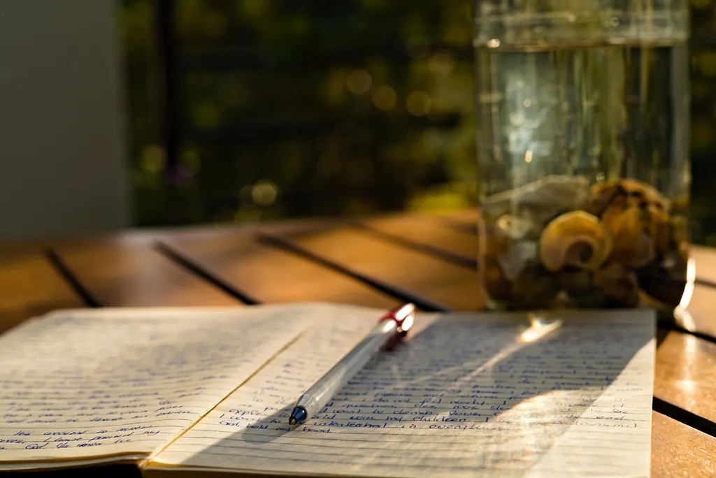 An open handwritten journal on a wooden table